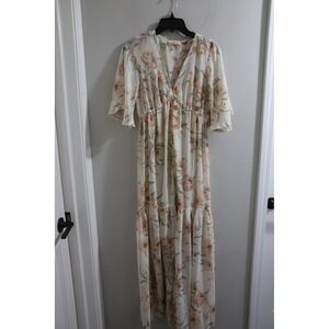 Lovestitch Maxi Dress Size S White Floral Print Button Front Sheer Lined